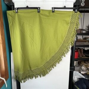 Vtg Round Tablecloth Green Fringe Crochet Trim 56" (68" w/ Fringe)Cottage EUC